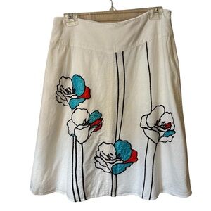 Lily Stanhope Skirt 8 White Linen Rayon Floral Embroidered A-Line Red Teal Lined